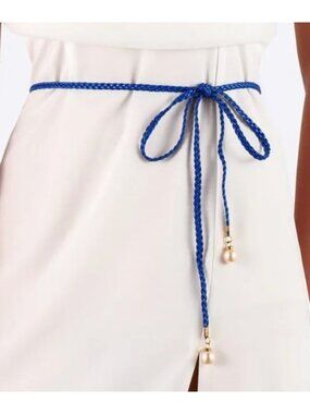 Royal Blue Braided Rope Waist Belt With Pearl & Rhinestone on Tassels
